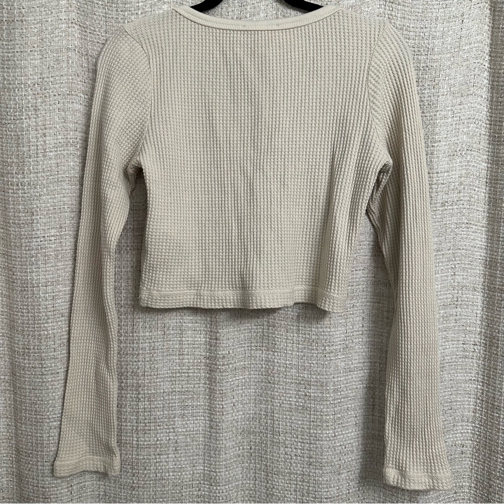 Madewell Waffle Knit Long Sleeve Crop Top Scoop Neck Beige Neutral Basic Medium - Picture 6 of 8